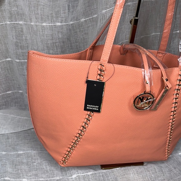 Badgley Mischka Coral Gold Decorative Chain Tote Bag MSRP $139 Vegan Leather NWT - Picture 2 of 16